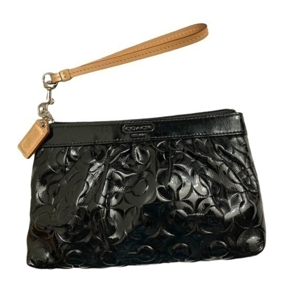 Coach embossed black patent leather op art wristlet bag